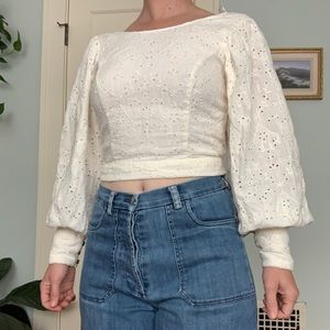 Free People Cropped Eyelet Blouse with Balloon Sleeves XS